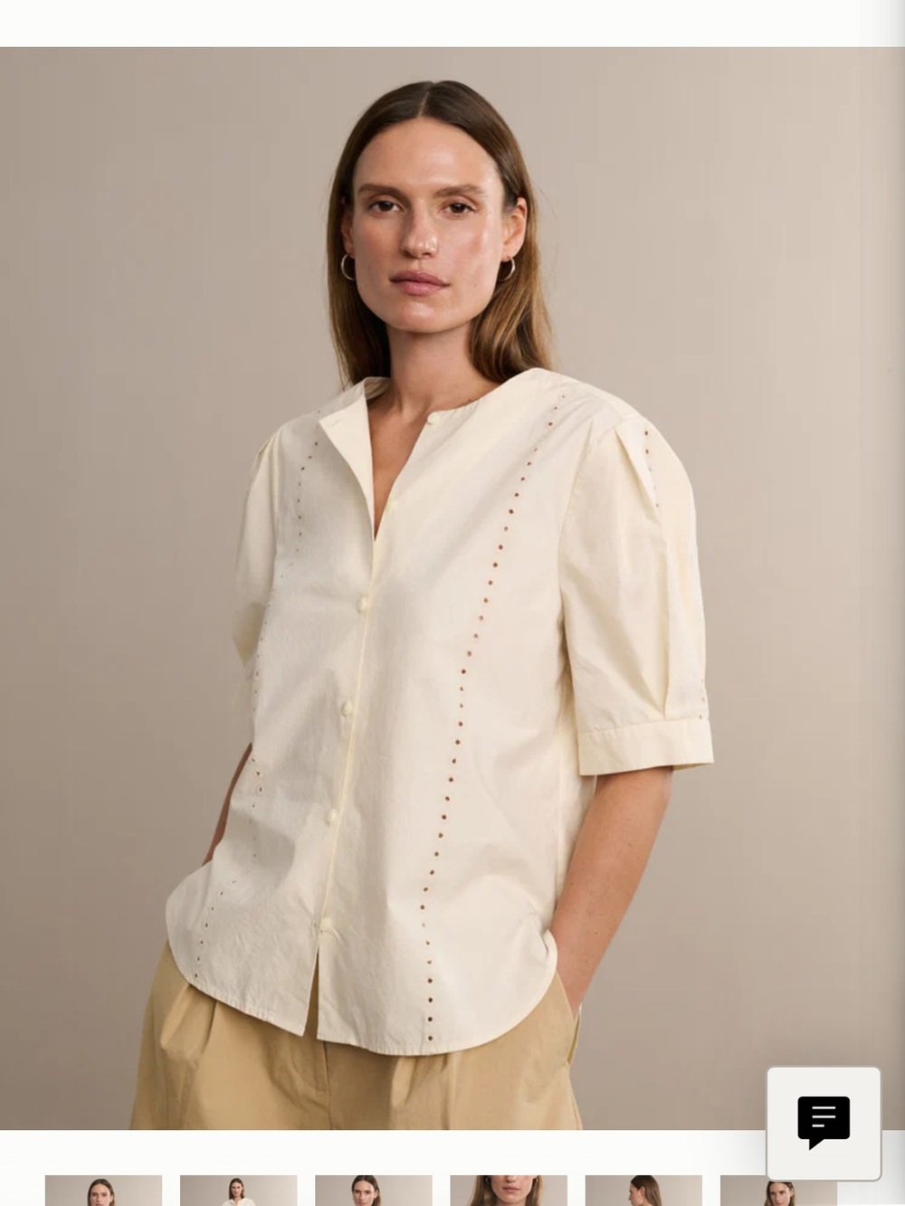 Cream Eyelet-Trim Short Sleeve Button Blouse